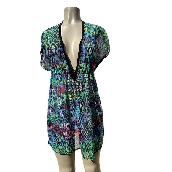 Profile Size Medium Purple Blue Abstract Print Semi-Sheer Boho Cover-Up Dress - Picture 2 of 9